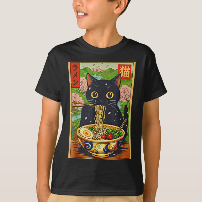 Cute Ramen Cat Nature Flowers Noodle Anime  T Shirt (Framsida)