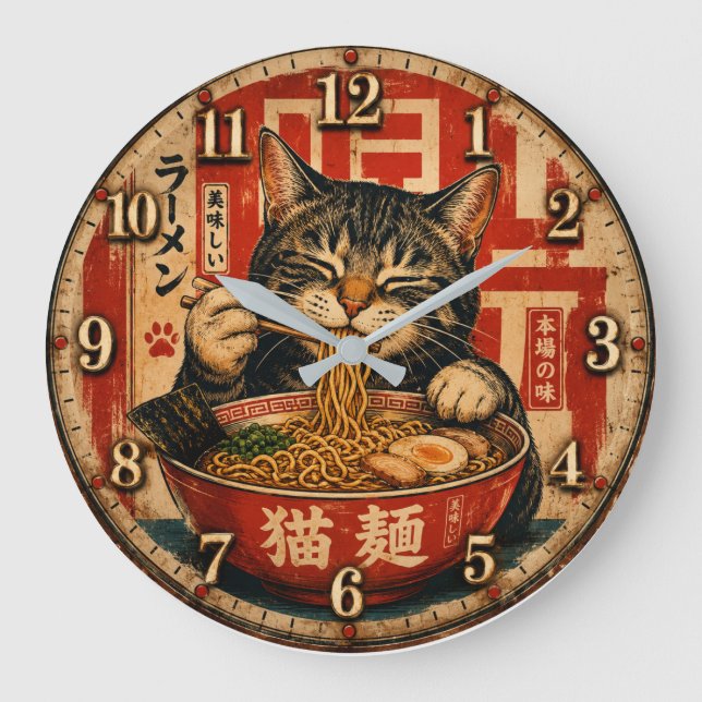 Cute Ramen Cat Stor Klocka (Framsida)