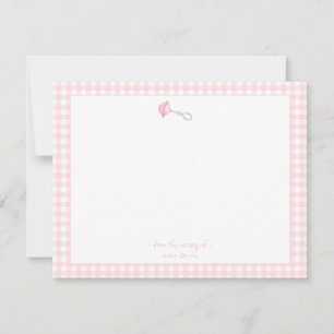 Cute Rattle med rosa Gingham Gräns Flicka Tack Kort