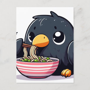 Cute Raven Eating Ramen Vykort