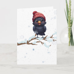 Cute Raven in a Christmas Beanie Helgkort