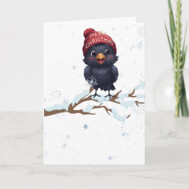 Cute Raven in a Christmas Beanie Helgkort
