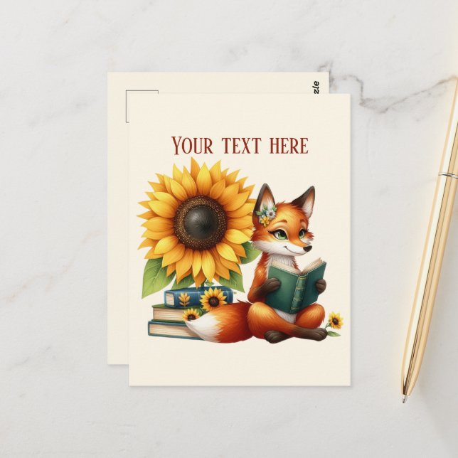 Cute reading fox customizable vykort (Fram/Back In Situ)