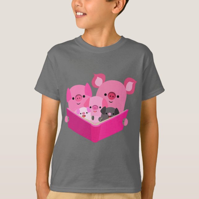 Cute Reading Tecknad Gris Family Kids T-Shirt (Framsida)