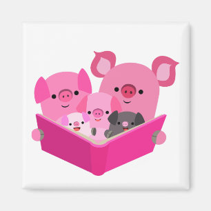 Cute Reading Tecknad Gris Family Magnet