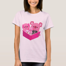 Cute Reading Tecknad Gris Family T-Shirt