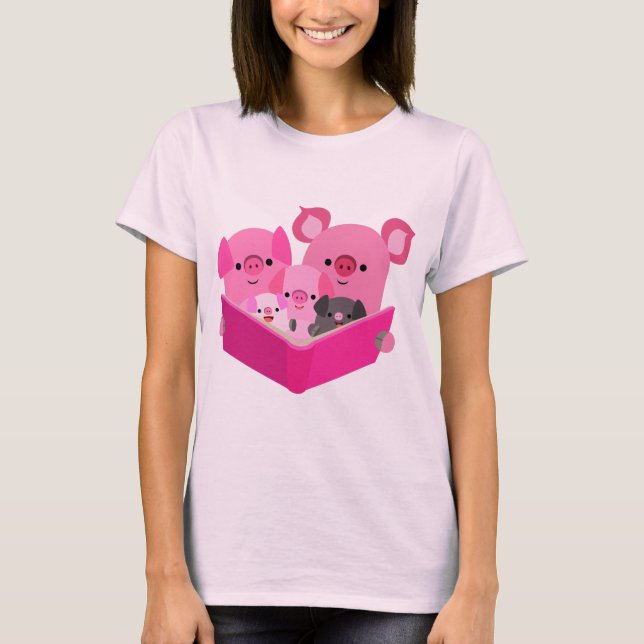 Cute Reading Tecknad Gris Family T-Shirt (Framsida)