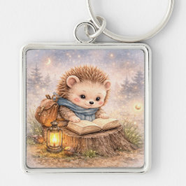 Cute Reading Woodland Hedgehog Fyrkantig Silverfärgad Nyckelring