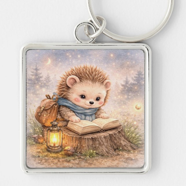 Cute Reading Woodland Hedgehog Fyrkantig Silverfärgad Nyckelring (Framsidan)