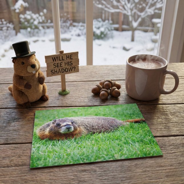Cute Realistic Groundhog Peeking In Green Grass Vykort (Skapare uppladdad)