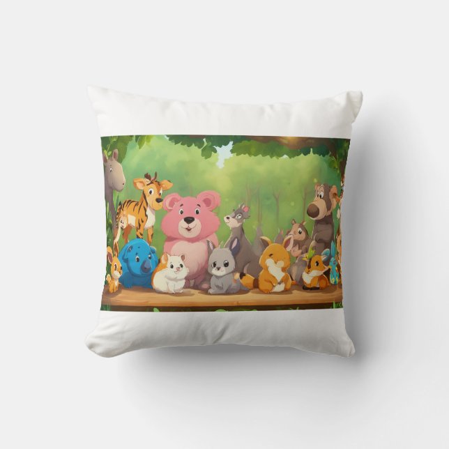 Cute Realistic Tecknad Animals Around Blank Forest Kudde (Framsida)