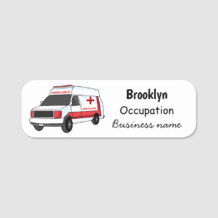 Cute red ambulance van tecknad namnbricka