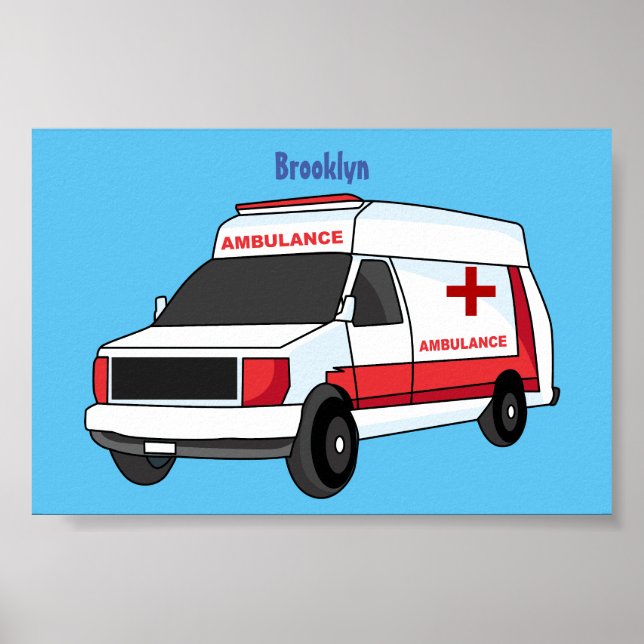 Cute red ambulance van tecknad poster (Framsidan)