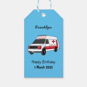 Cute red ambulance van tecknad presentetikett