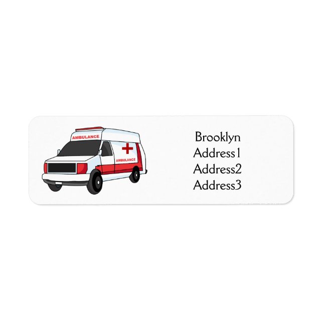 Cute red ambulance van tecknad returadress etikett (Framsidan)