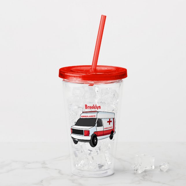 Cute red ambulance van tecknad take away mugg (Baksida Ice)
