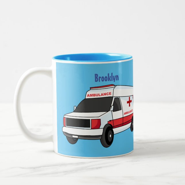 Cute red ambulance van tecknad Två-Tonad mugg (Vänster)