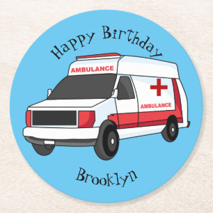 Cute red ambulance van tecknad underlägg papper rund
