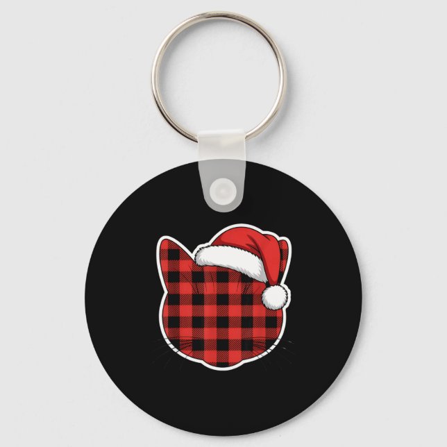 Cute Red And Black Buffalo Plaid Cat Christmas San Nyckelring (Framsida)