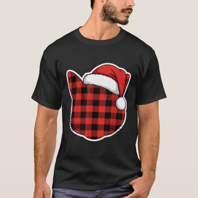 Cute Red And Black Buffalo Plaid Cat Christmas San T Shirt (Framsida)
