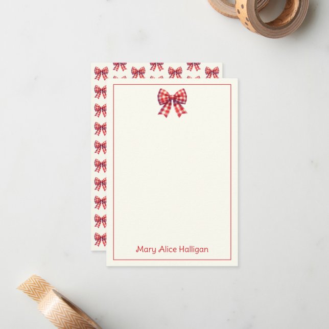 Cute Red and Cream Gingham Bow Anteckningskort (Fram/Back In Situ)