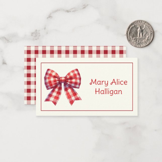 Cute Red and Cream Gingham Bow Anteckningskort (Fram/Back In Situ)