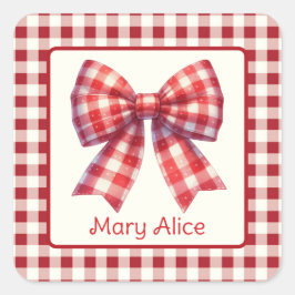 Cute Red and Cream Gingham Bow Fyrkantigt Klistermärke