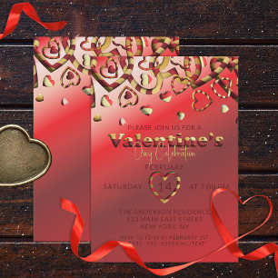 Cute Red and Guld Stripe Hearts Valentine Day Inbjudningar