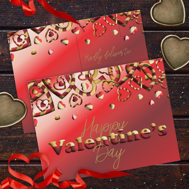 Cute Red and Guld Stripe Hearts Valentine Day Vykort (Skapare uppladdad)