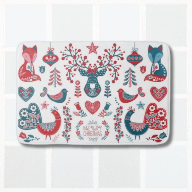 Cute Red and Navy Julskandinaviska folkkonst Badrumsmatta (Skapare uppladdad)