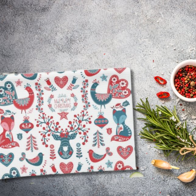 Cute Red and Navy Julskandinaviska folkkonst Kökshandduk (Skapare uppladdad)