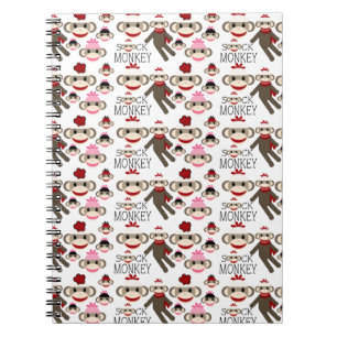 Cute Red and Rosa Sock monkey Collage Mönster Anteckningsbok Med Spiral