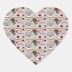 Cute Red and Rosa Sock monkey Collage Mönster Hjärtformat Klistermärke