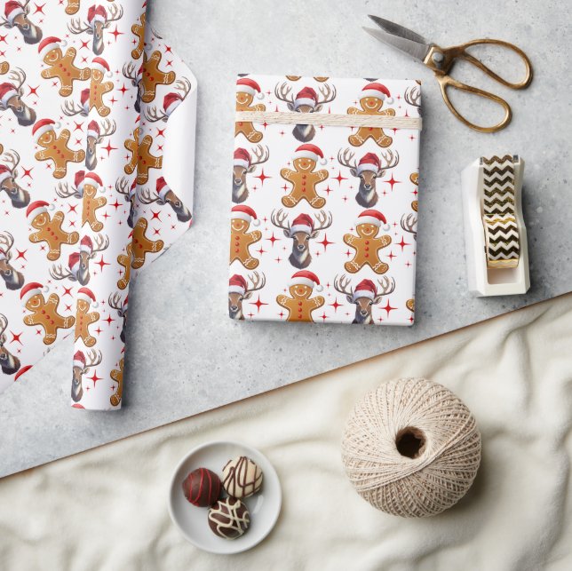 Cute Red and White Pepparkaksgubbe Reindeer Presentpapper (Hantverk)