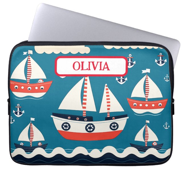 Cute Red and White Sailboat med ankchors Laptop Fodral (Framsidan)