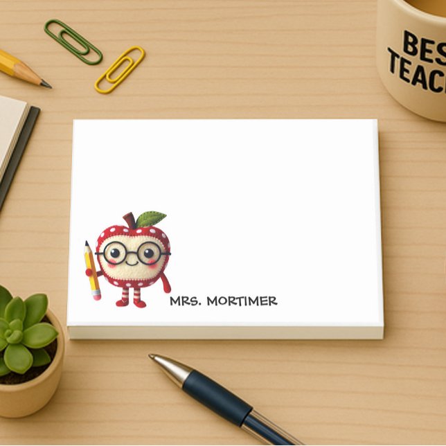 Cute Red Apple Character med Pencil Teacher 4x3+ Post-it Block (personalized 4x3 stiicy notepad. Cute Apple character holding a pencil personalize with a name)