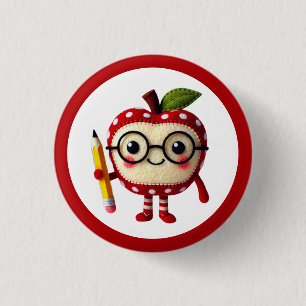 Cute Red Apple Character med Pencil Teacher Knapp