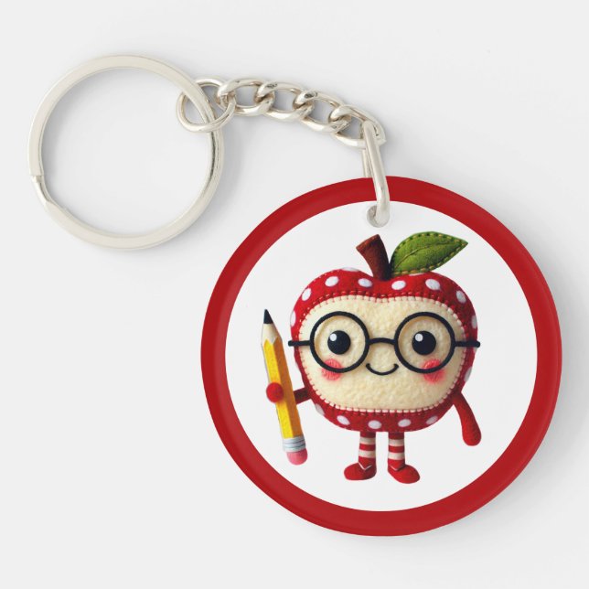 Cute Red Apple Character med Pencil Teacher Namn (Framsidan)