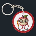 Cute Red Apple Character med Pencil Teacher Namn<br><div class="desc">Den här nyckelkedjan för lärare har en söt,  känselliknande bild av ett rött äppeltecken med glasögon och med en gult blyertspenna med namn för att personanpassa och rött gräns. Bild genererad med AI</div>