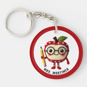 Cute Red Apple Character med Pencil Teacher Namn