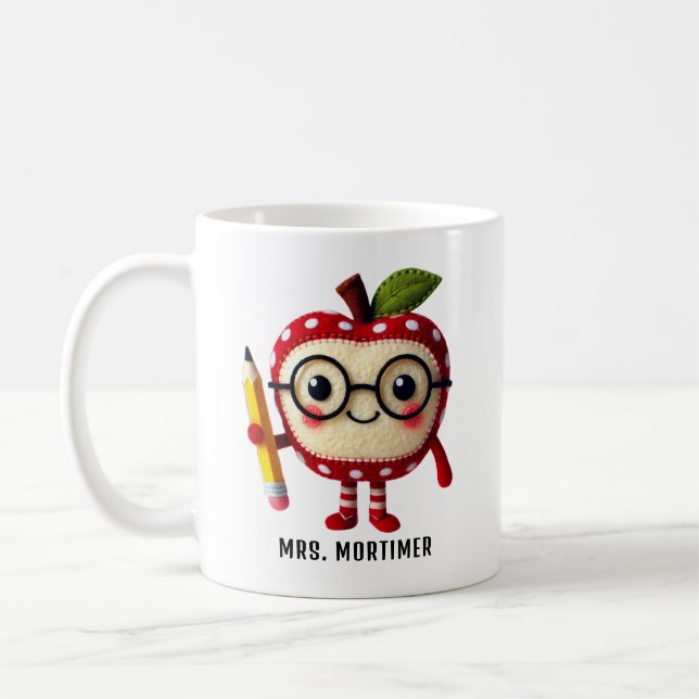 Cute Red Apple Character med Pencil Teacher Namn Kaffemugg (Vänster)