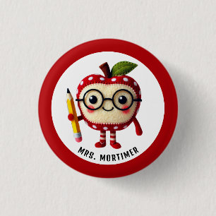 Cute Red Apple Character med Pencil Teacher Namn Knapp