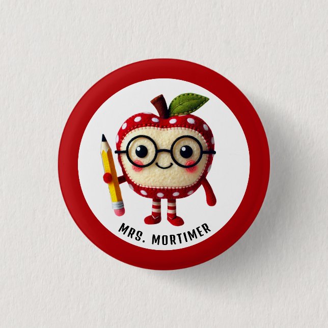 Cute Red Apple Character med Pencil Teacher Namn Knapp (Framsida)