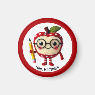 Cute Red Apple Character med Pencil Teacher Namn Magnet