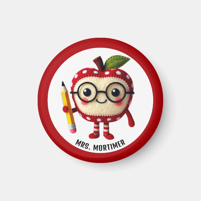 Cute Red Apple Character med Pencil Teacher Namn Magnet (Framsidan)