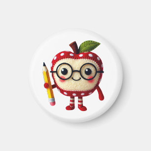 Cute Red Apple Character med Pencil Teacher Namn Magnet