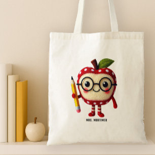 Cute Red Apple Character med Pencil Teacher Namn Tygkasse