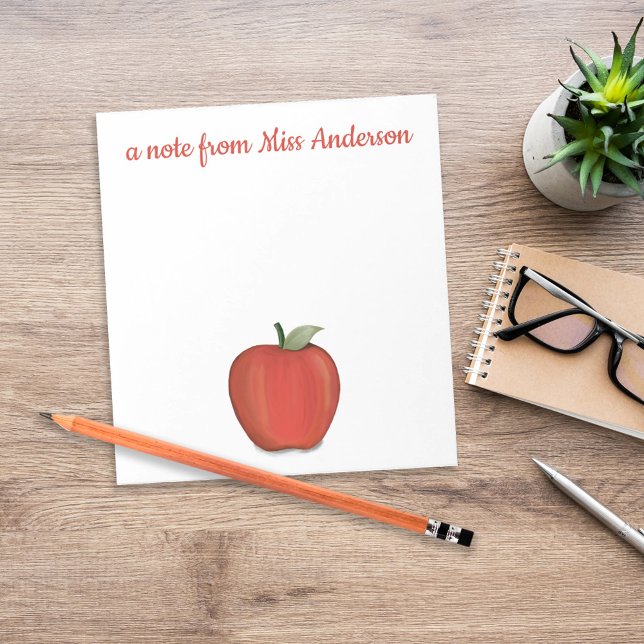 Cute Red Apple Simple Teacher Whimsical Class Anteckningsblock (Personalized teacher apple desk stationery with custom classroom name header.)