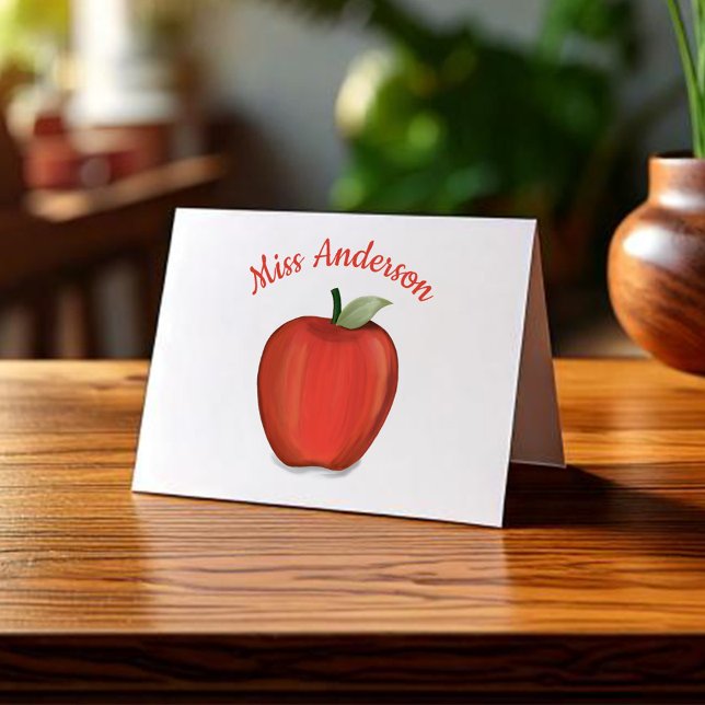 Cute Red Apple Teacher Anpassningsbar Anteckningskort (Simple teacher personalized note card with watercolor red apple.)