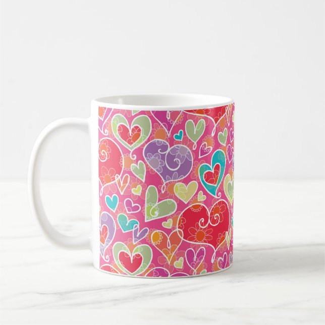 Cute Red Aqua Lila Valentine Hearts Kaffemugg (Vänster)